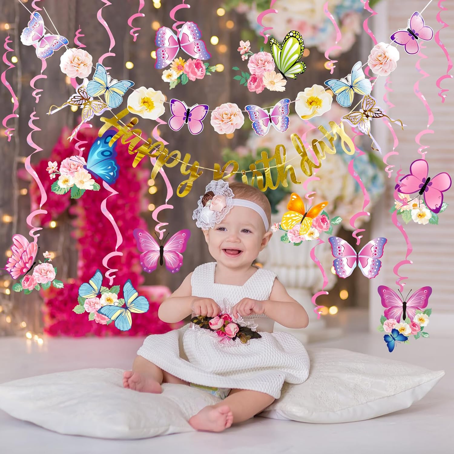 SUNBEAUTY Butterfly Birthday Party Decorations Pre-strung Birthday Banner Garland for Women & Girls Colorful Butterfly Hanging Swirls Decorations Summer Themed Ceiling Decor for Kids Bday party